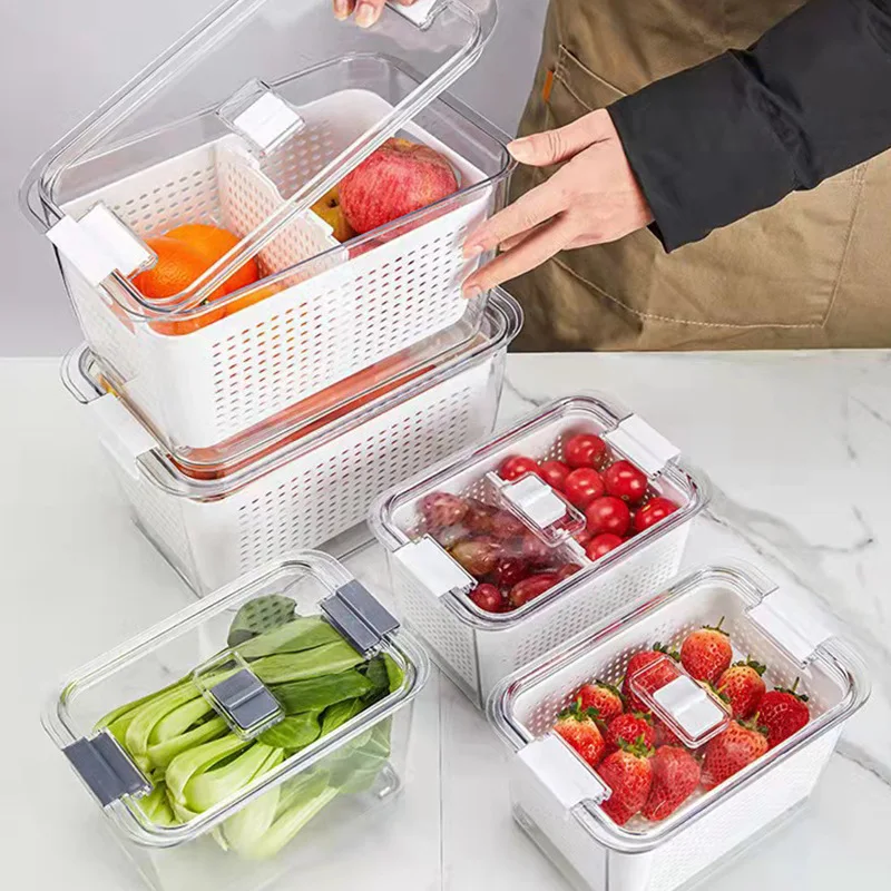 Household Japanese-style boutique double-layer drain basket fresh-keeping drain Kitchen refrigerator vegetable storage box