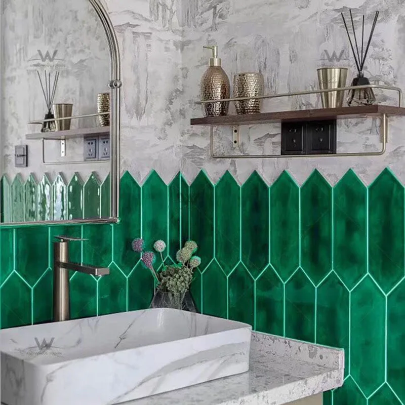 New design Hand-made Art Tile Long hexagon mosaic with green Mosaic tiles For Bathroom Kitchen manufacture