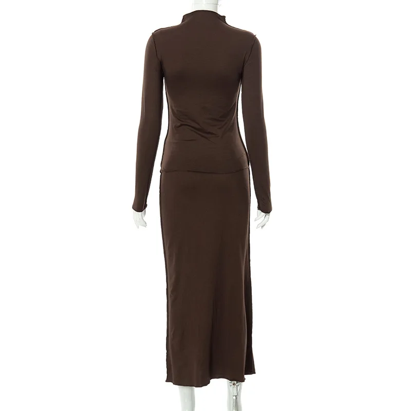 New Arrival Outfits Matching Brown Long Sleeve Maxi Women 2 Piece Sets ...