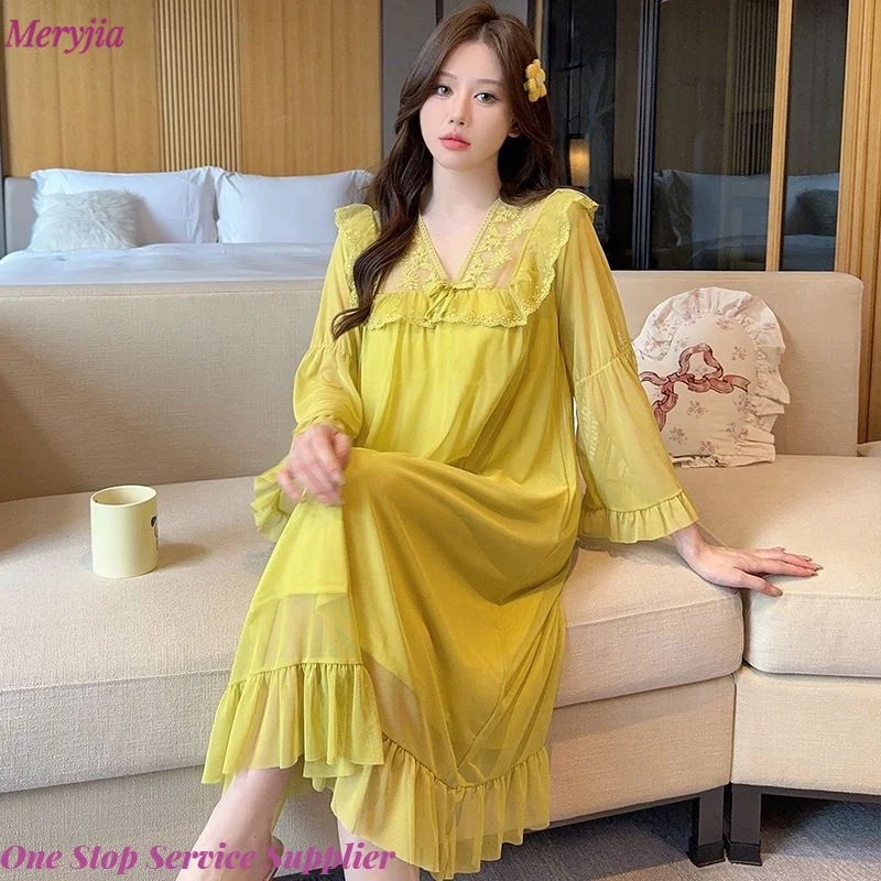 Factory Supply Fashion Lace Mesh Ladies Loungewear Luxury Loose Summer  Pijama Long Night Dresses for Woman