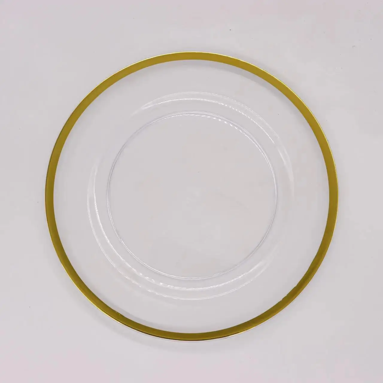 Bst Wholesale 13 Inch Durable Heavy Weight Glass Clear Black Rim Plastic Charger Plate With