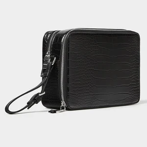 Custom Logo PU Croc Leather Men's Toiletry Wash Bag Black Travel  Dopp Kit for Men