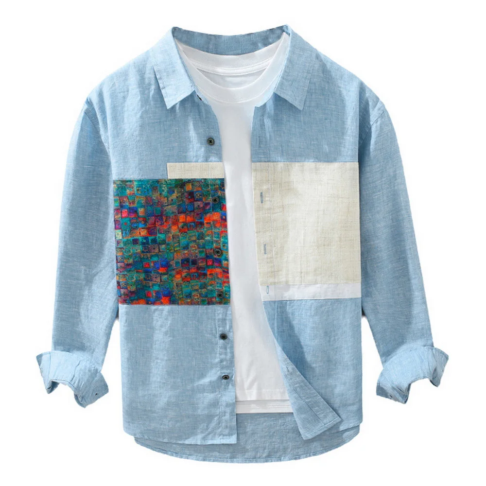 2025 New Design High Quality Casual Buttons Pure Linen Long Sleeve Shirts For Men Patchwork Linen Shirt_voghion.com