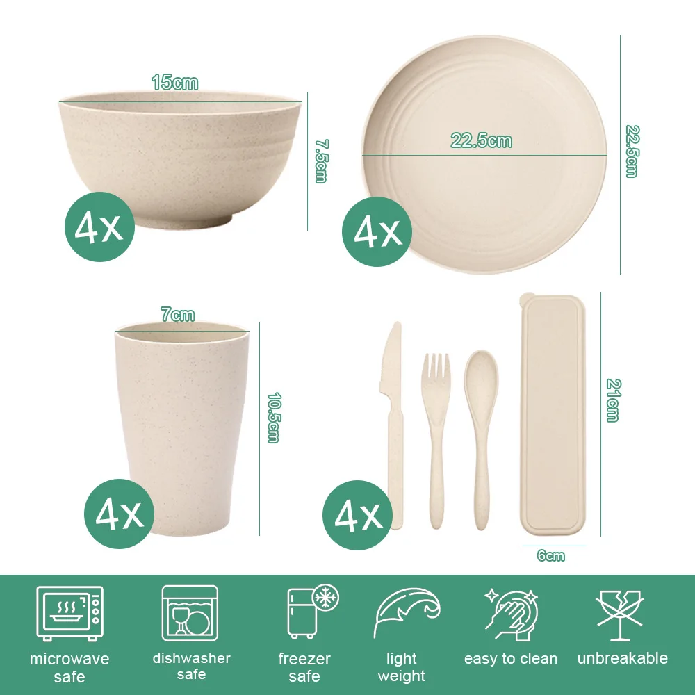 Lightweight Wheat Straw Dinnerware Sets Unbreakable Plates Cutlery Sets Wheat Straw Tableware Set