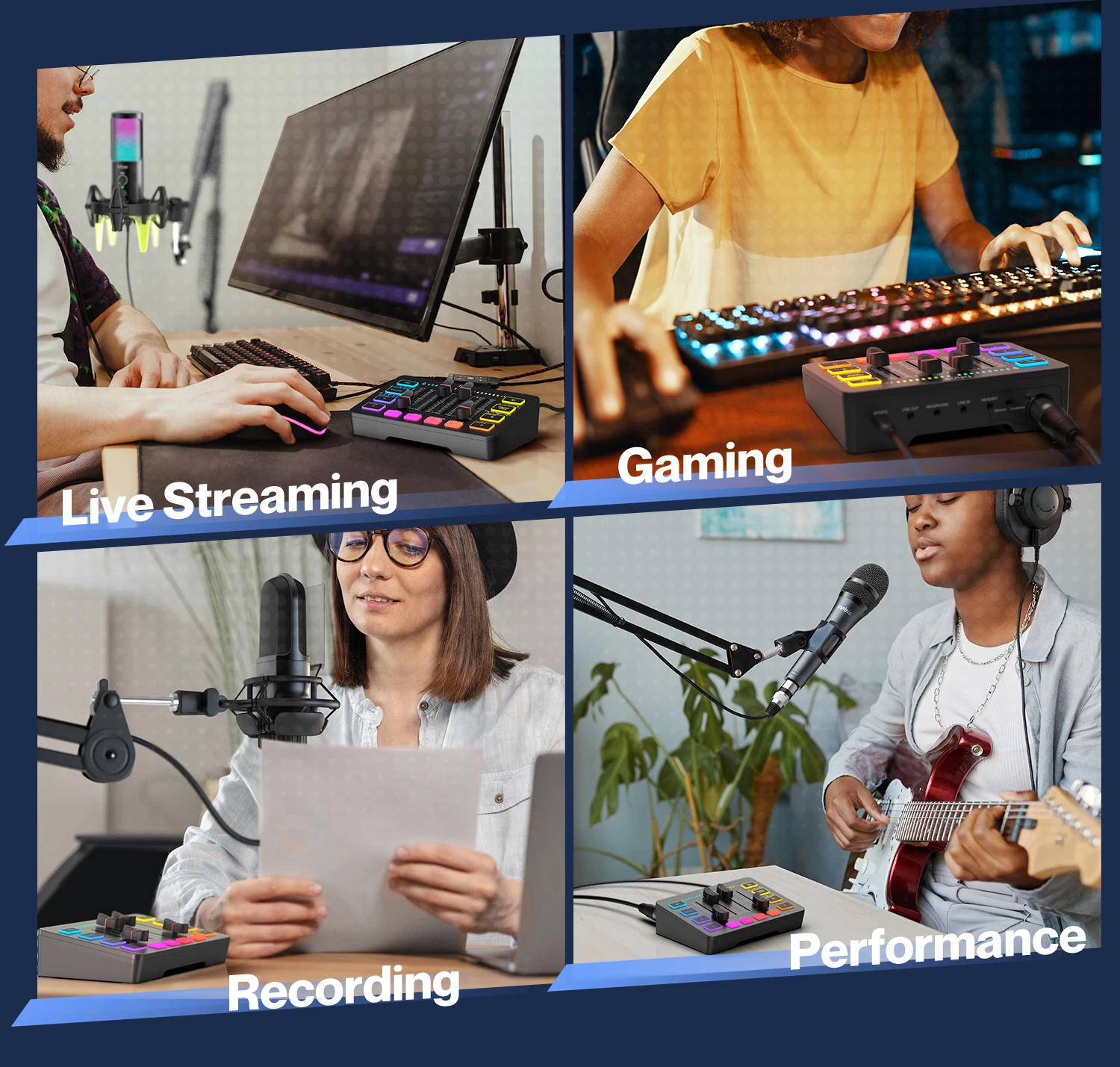 Fifine All In One Audio Mixer Rgb Microphone Monitor Headphone 48v Soundcard Streaming Sound