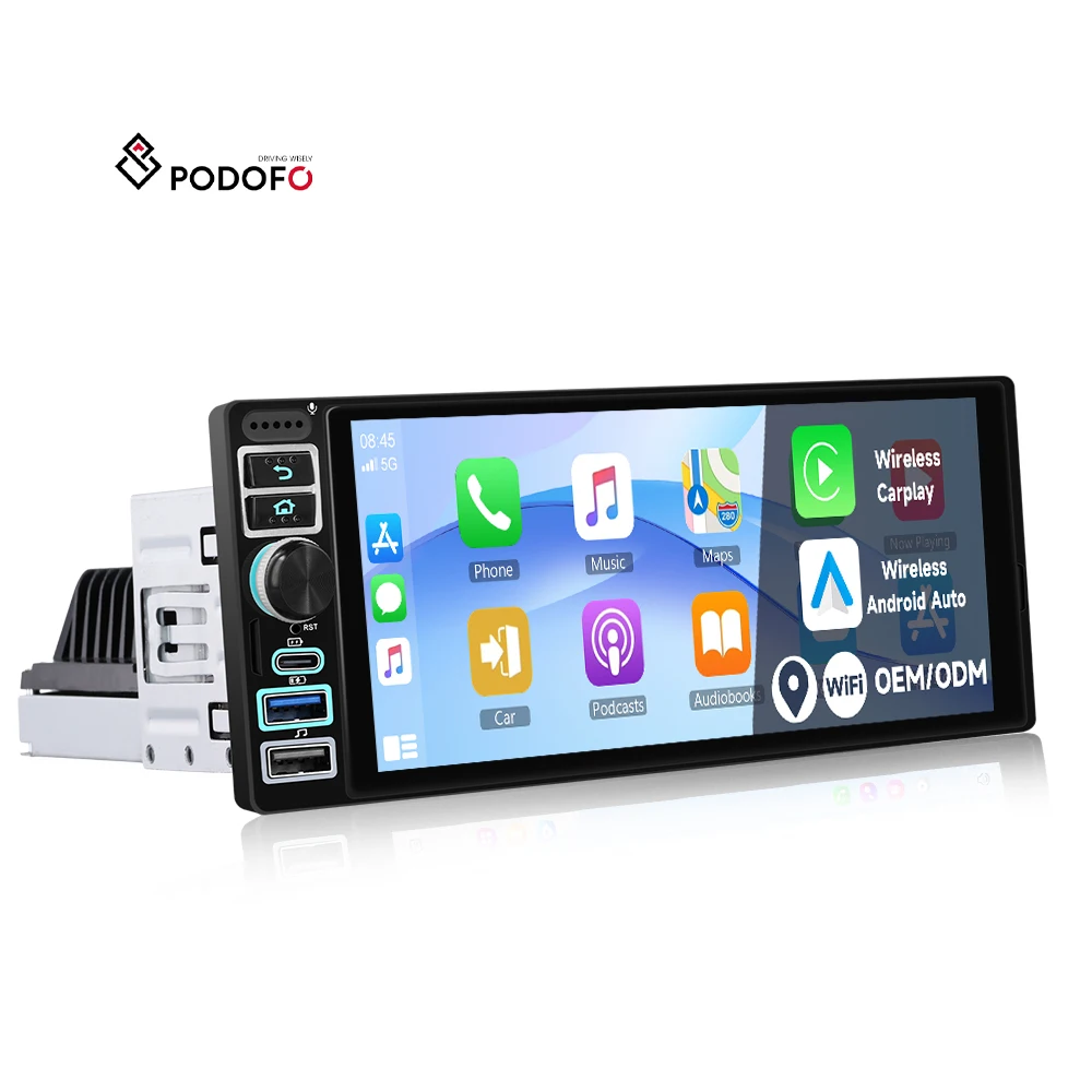Podofo Single Din 6.9'' Android Car Audio 2+64G 1 Din Android Car Radio Wireless Carplay/Android Auto GPS Type-C USB Charging A4253