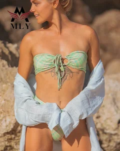 New Leaves Print Bikini Push up Bikini Set Bandeau Swimwear Female Swimsuit Beachwear