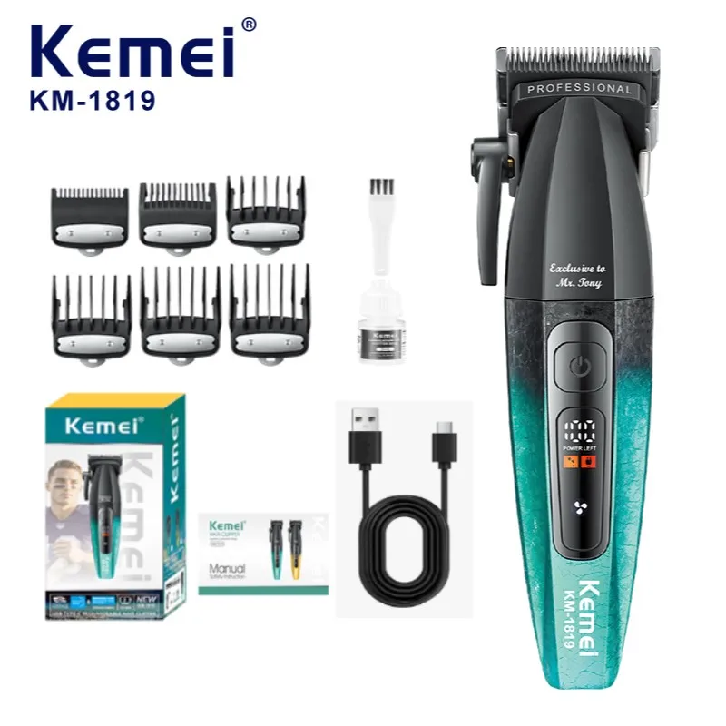 Tondeuse professionnelle pour barbiers Kemei KM-1819, batterie lithium puissante de 2500 mAh, moteur ultra-rapide à 8000 tr/min, certifiée CE, ROHS, FCC et BSCI