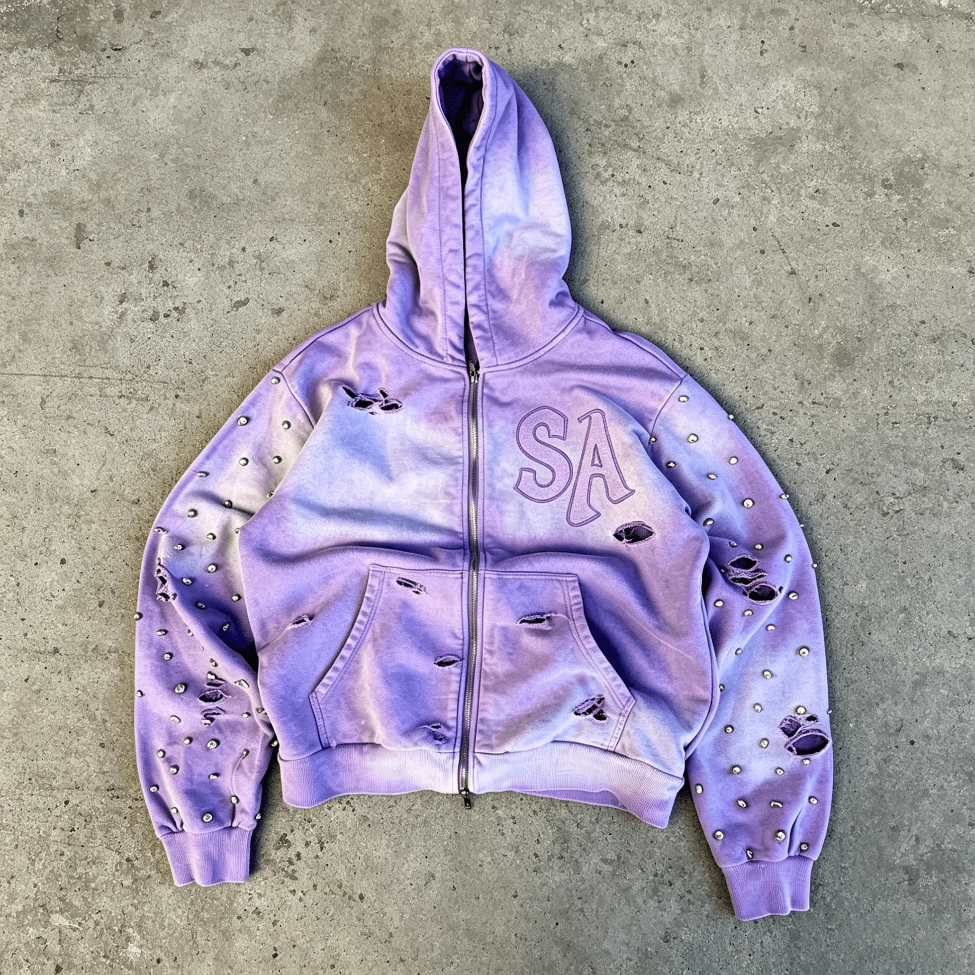 Custom Rhinestone Distressed Faded Gradient Heavyweight Cotton Zip Up Cropped Streetwear Hoodie Men gallery 9