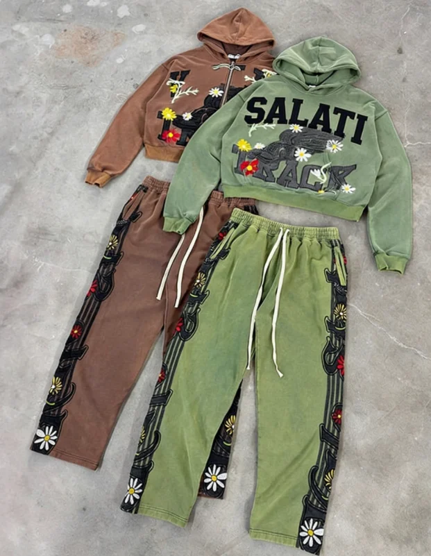 Salati Custom Sun Faded Embossing Manufacturers Acid Wash Vintage Zipper Cropped Tracksuit Hoodies Sweatpants and Hoodie Set gallery 3