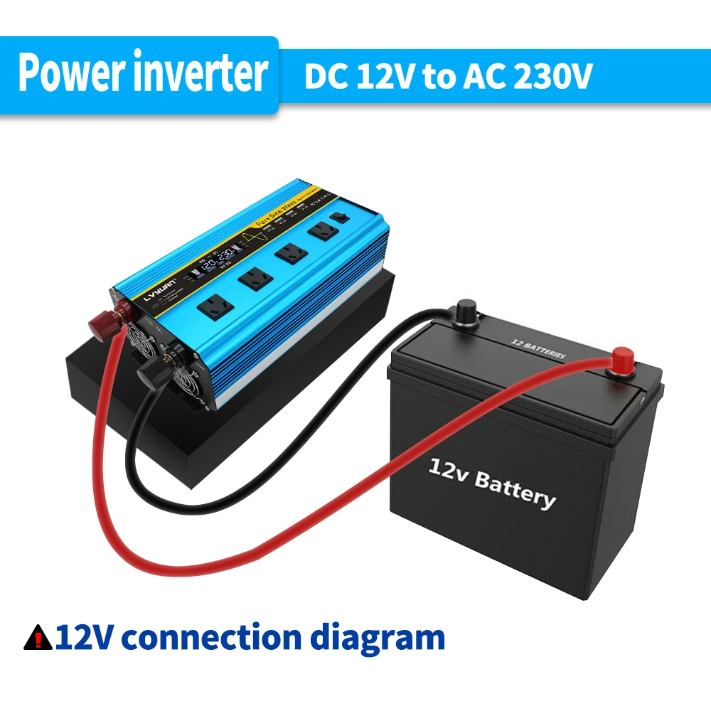 Cantonape Omvormer, zuivere sinusgolf, 3000 W/6000 W, converter 12 V naar 220 V, 230 V, met afstandsbediening, dubbele AC-uitgangen en display met 2 leds voor gebruik in de caravan