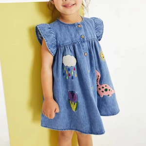 Girls' Children Summer Casual Short-Sleeved Eco-friendly A-line Denim Skirt European American Style Patch Embroidered Cartoon