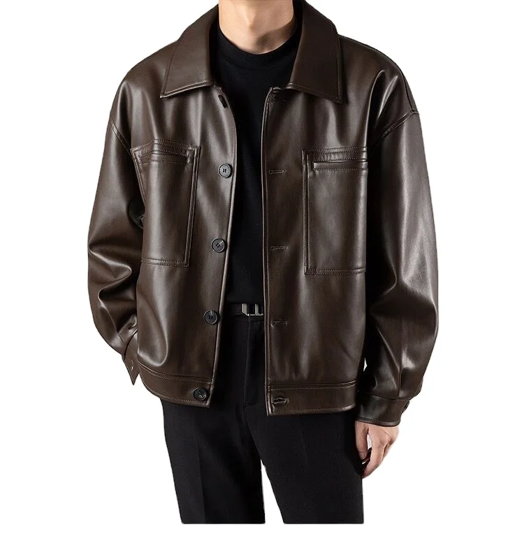 Vinage Men's PU Leaher Jacke Loose Shor Syle wih Crocheed Weave for Spring and Auumn Casual Lapel Moorcycle_voghion.com