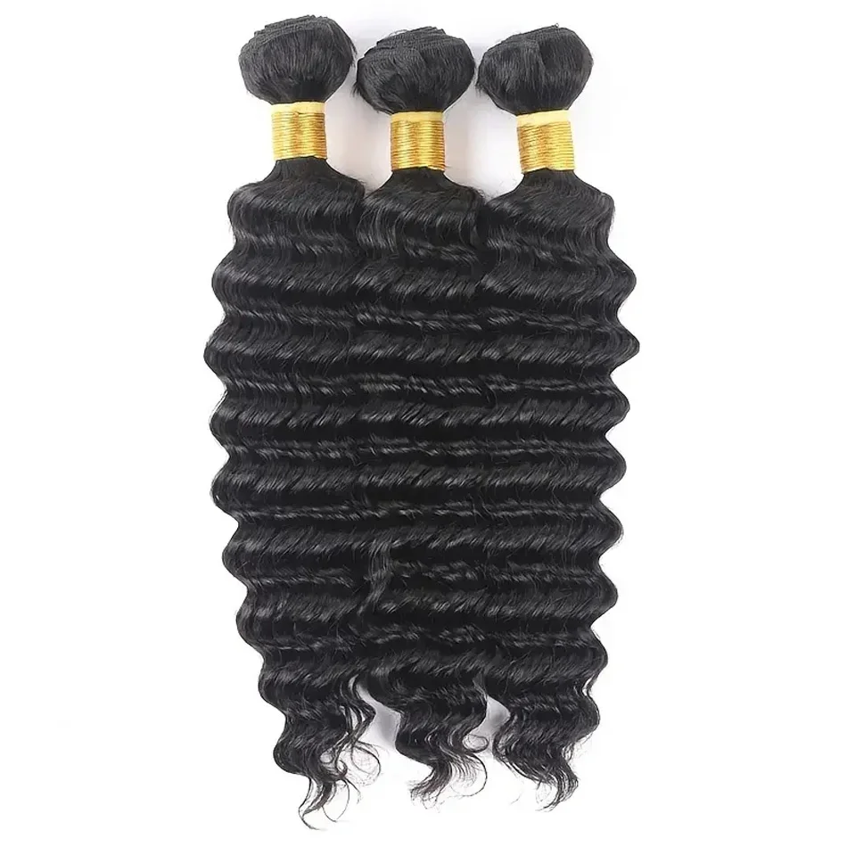 Tissage en lot de cheveux humains brésiliens à double trame Deep Wave couleur noire naturelle 8 à 32 pouces_voghion.com