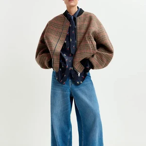 Clothing Manufacturers Custom Women's Plaid Cropped Jacket for Spring Casual Wool Bomber Jacke
