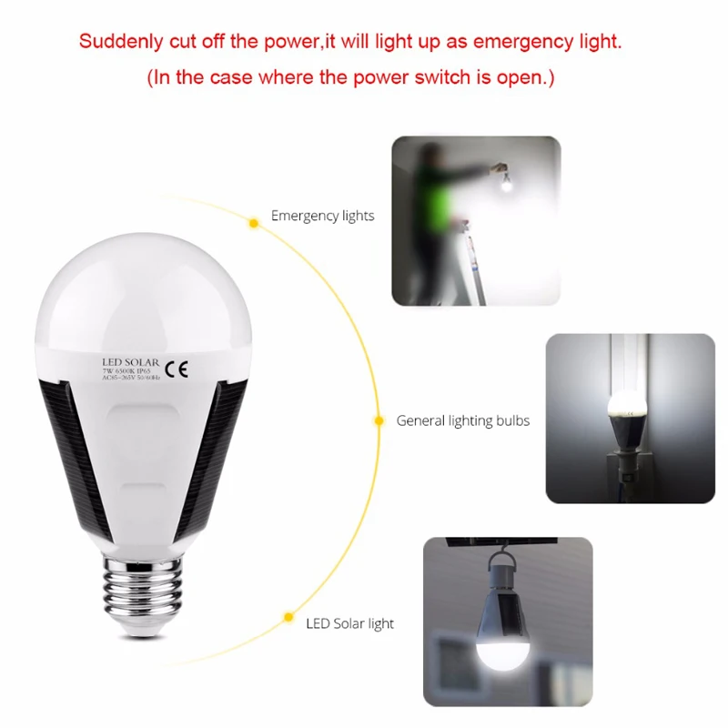 Solar LED Bulb Portable E27 Rechargeable LED Solar Lamp 7W 12W 85V-265V White Light for Camping Hiking Emergency Hurricanes