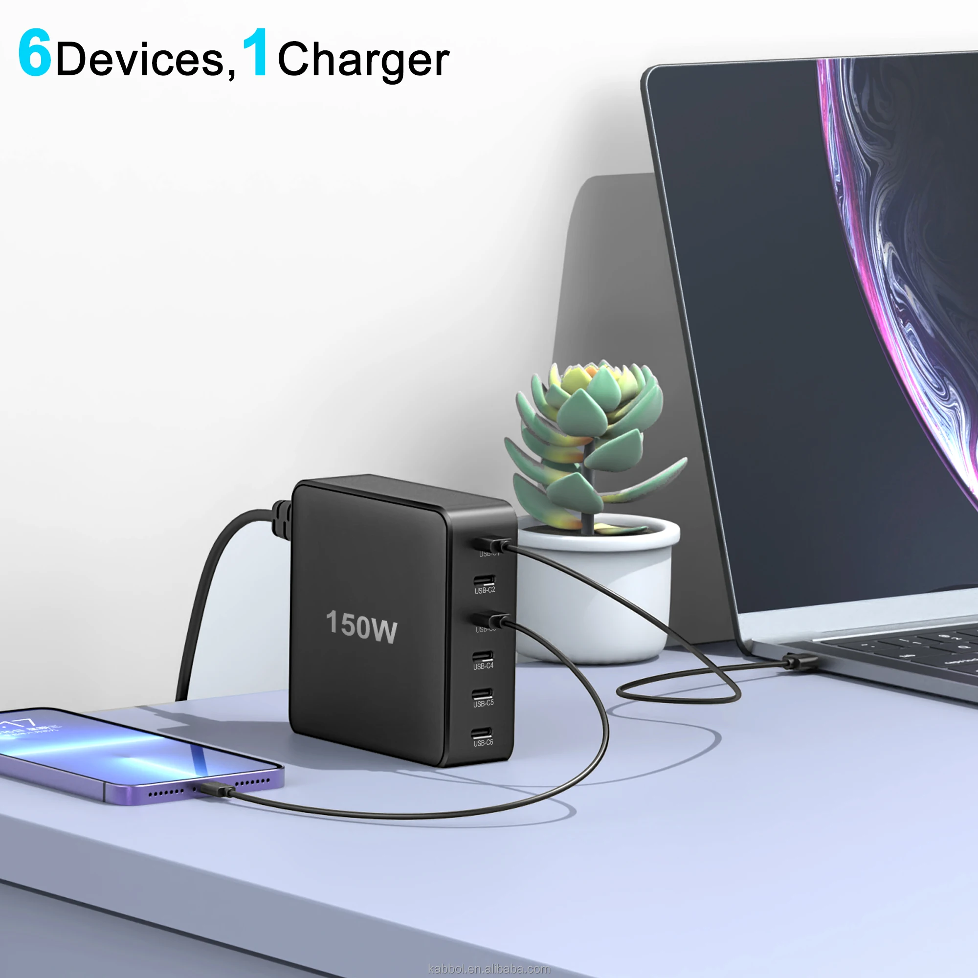 150w Gan Usb C Charging Station 6 Port Type C Charger Fast Charging Multiple Devices 65w Pd Type