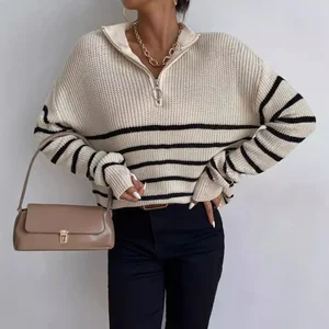 Wholesale Custom Size Women's Fashion Half-Zip Striped Long Sleeve Pullover Rib Casual Style Winter Knitted Loose Top Front Logo