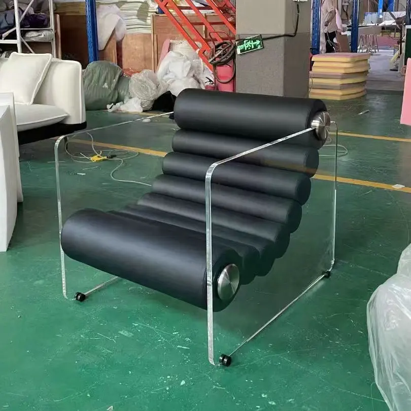Mid Century Modern Black Acrylic Armchair Barrel Accent Chair Leather  Living Room Single Sofa Lounge Chairs with Arm for Hotel
