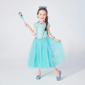 Elsa Frozen Ice Princess Children's Clothing Girl's Sweet Summer Carnival Party Dress Flowing Shoulder-length TV Movie Costume