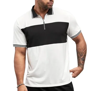 Custom Logo Men Cotton Short Sleeve Color Block Zip up Stripe Trim Polo Shirt