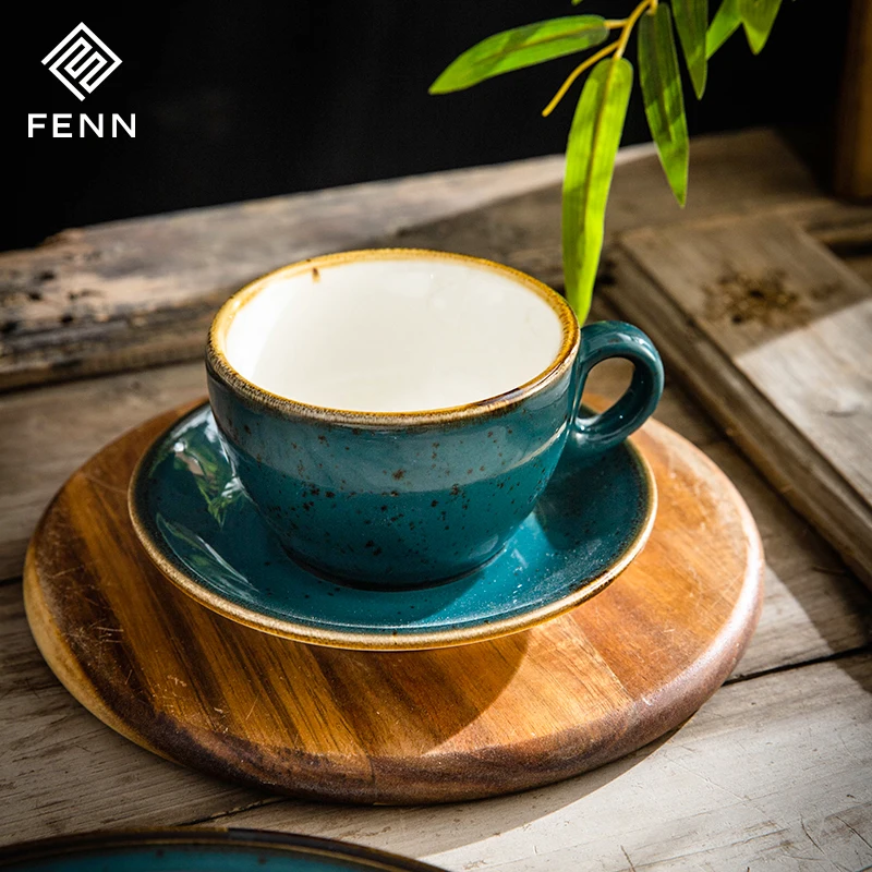 FENN Factory Manufacture Sale Porcelain Cappuccino Cup Tea Cups Wedding Hotel Speckled Blue Ceramic Coffee Cup With Saucer