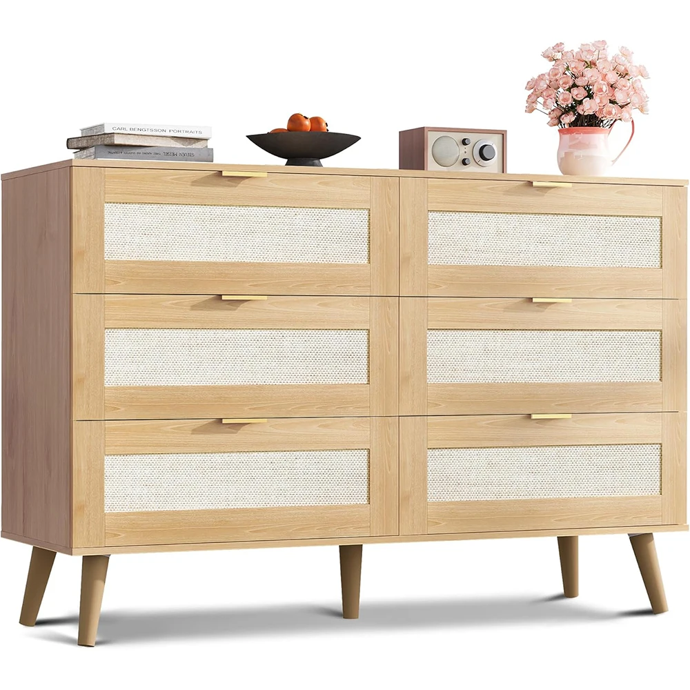 Nu-Deco MH25726 Modern Wood Dresser 6 Drawers 47.24'' Wide Gold Metal Handles TV Stand 55'' TV Storage Cabinet Bedroom