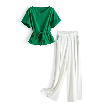 Solid Color Wide-leg Long Pantsuit Female Two Piece Sets Long Sleeve Women Summer Top Set