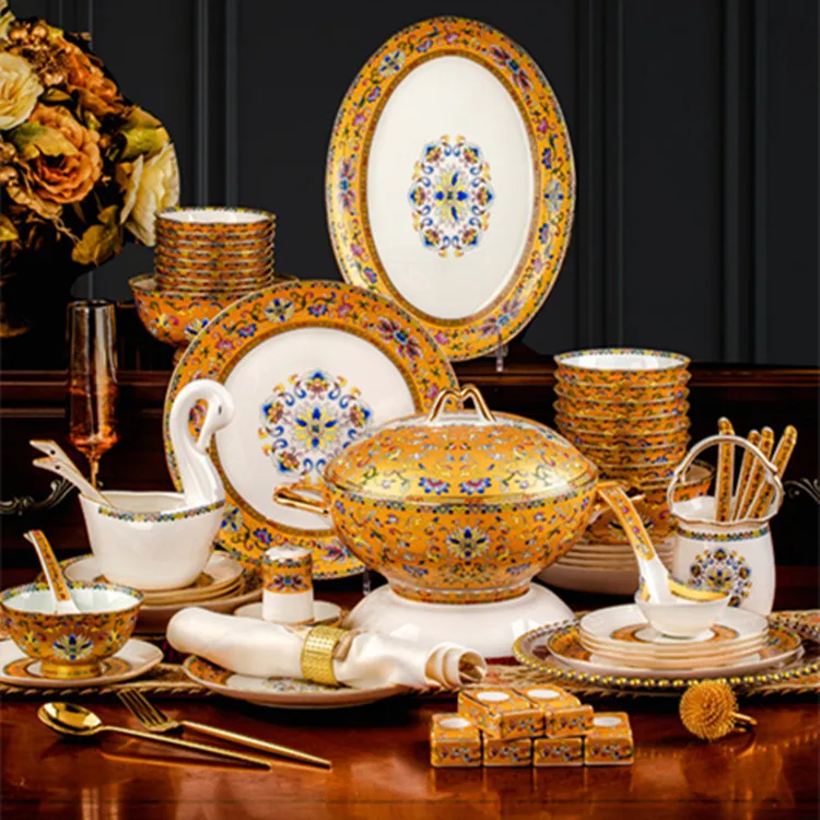 Chinese Style 80pcs Cookware Gold Enamel Series Tableware Set Bone China Bowls and Plates Porcelain Dinner Set