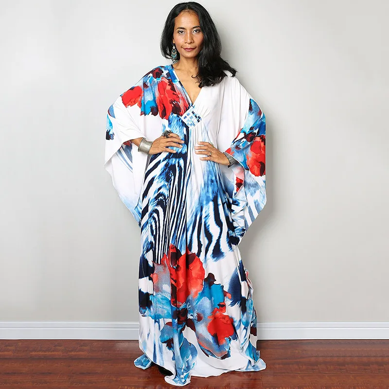 Luxury Women’s Beach Kaftan Cover Up – Colorful Print Maxi Dress with Bat Sleeves