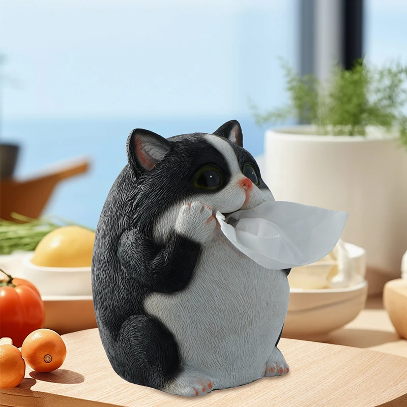 Cute Cat Tissue Box Cover Desk Statue Resin Decor Dispenser Box Case with Figurine Grey Tissue Holder Design Style