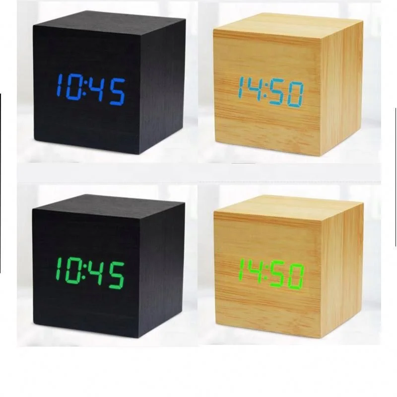 Free Shipping Mini Cube Wooden Clock Voice Control Electronic Desk Clock with LED Digital Table Watch Snooze Cute Alarm Clock Fo