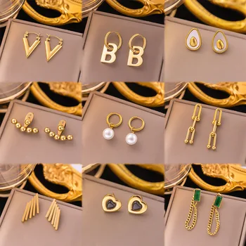 High Quality 18k Gold Stainless Steel Pendant Preserving Earrings Titanium Steel Geometric Letter Pearl Earrings