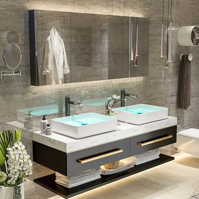 Hotel Bathroom Cabinet with LED Mirror Single and double sinks   Washbasin Bathroom Cabinet