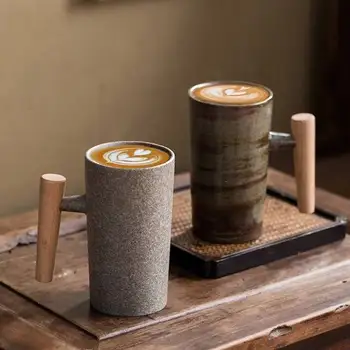 Japanese-Style Vintage Ceramic Coffee Mug with Wood Handle Rust Glaze Tea Milk Beer Tumbler for Home Office Drinkware Gifts