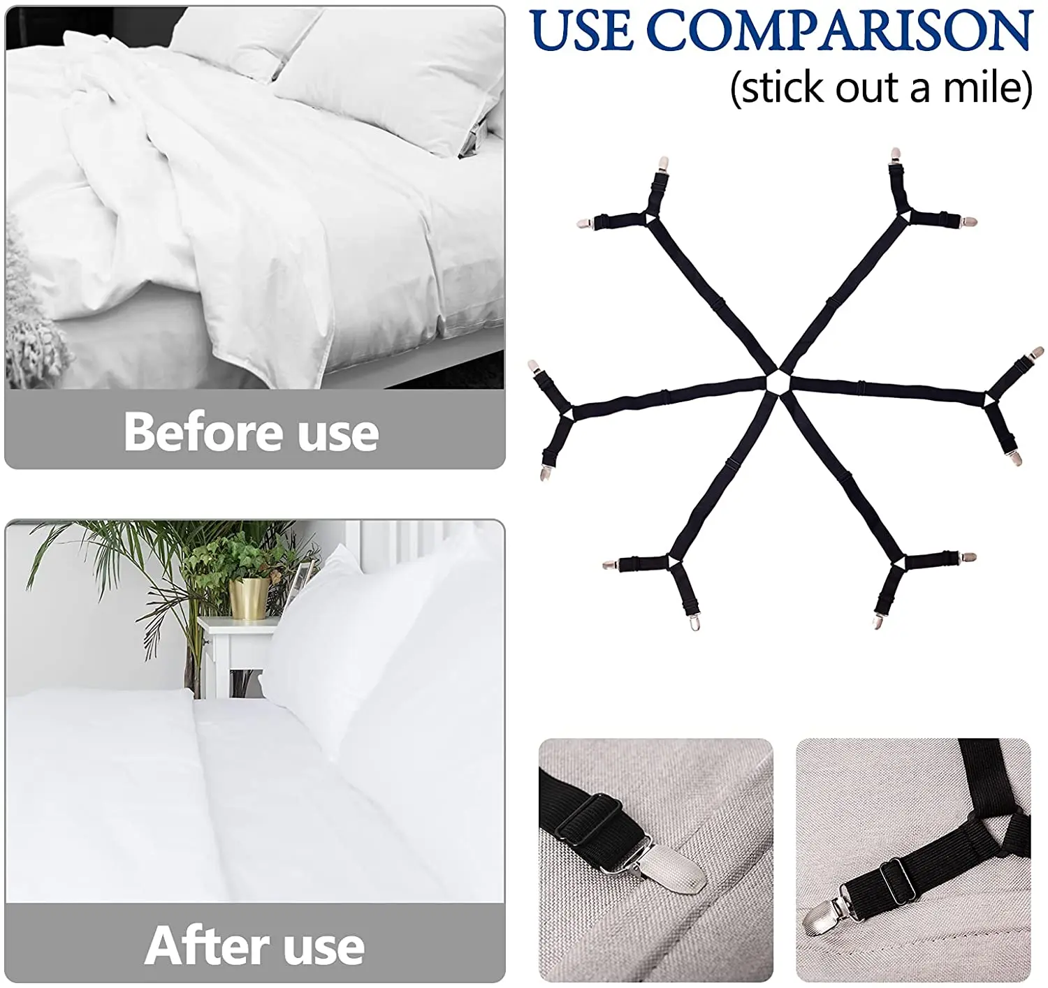 4 PCS Bed Sheet Holder Straps,3 Way Adjustable Sheet Band Clips Fasteners  Suspenders,Triangle Elastic Mattress Sheet Holder Grippers to Keeping  Sheets in Place.(Suitable for Full Size Bed) 