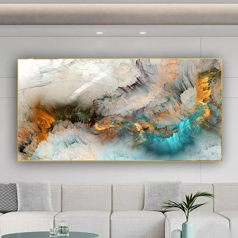 Light Gray Blue Yellow Cloud Abstract Canvas Frames - Canvas Painting Wall  Art Print Poster for Living Room Decoration 30x60cm with Frame, 30 x 60 cm