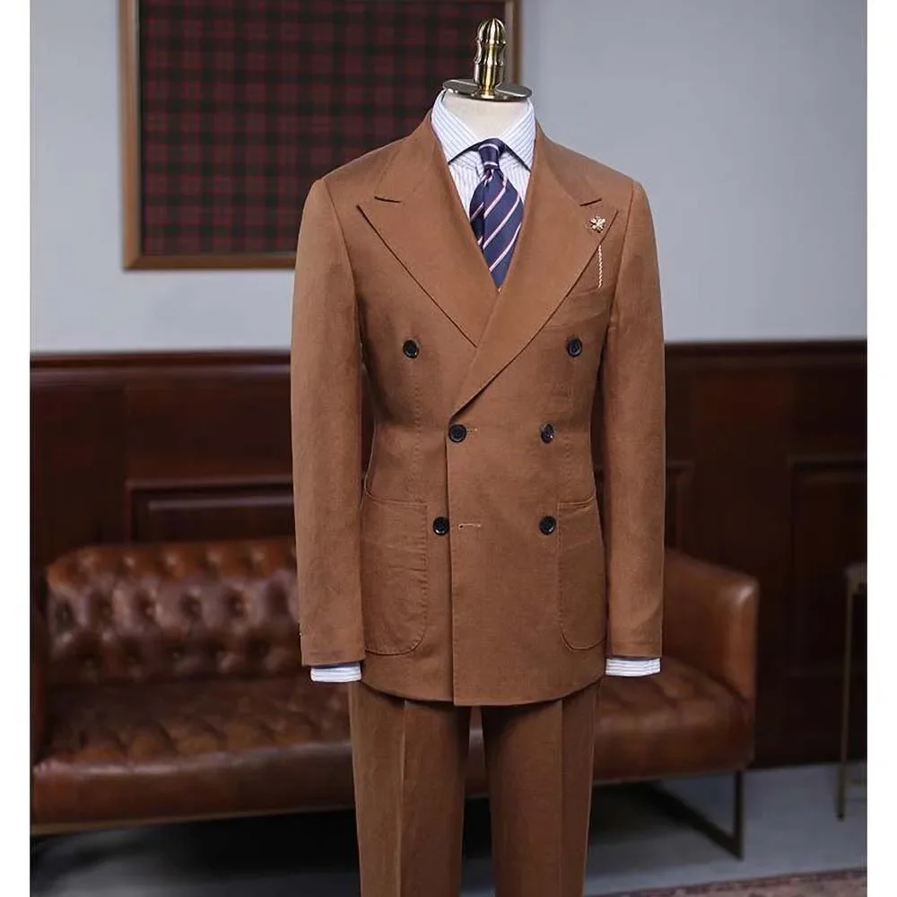 Linen Men Suits Chic Peaked Lapel Double Breasted Male Suit Slim Fit Smart Casual Groom