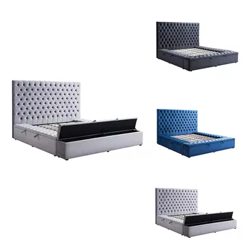 Pinzhi home modern tall tufted storage platform Queen King size velvet beds cama lit foshan furniture bed frame set