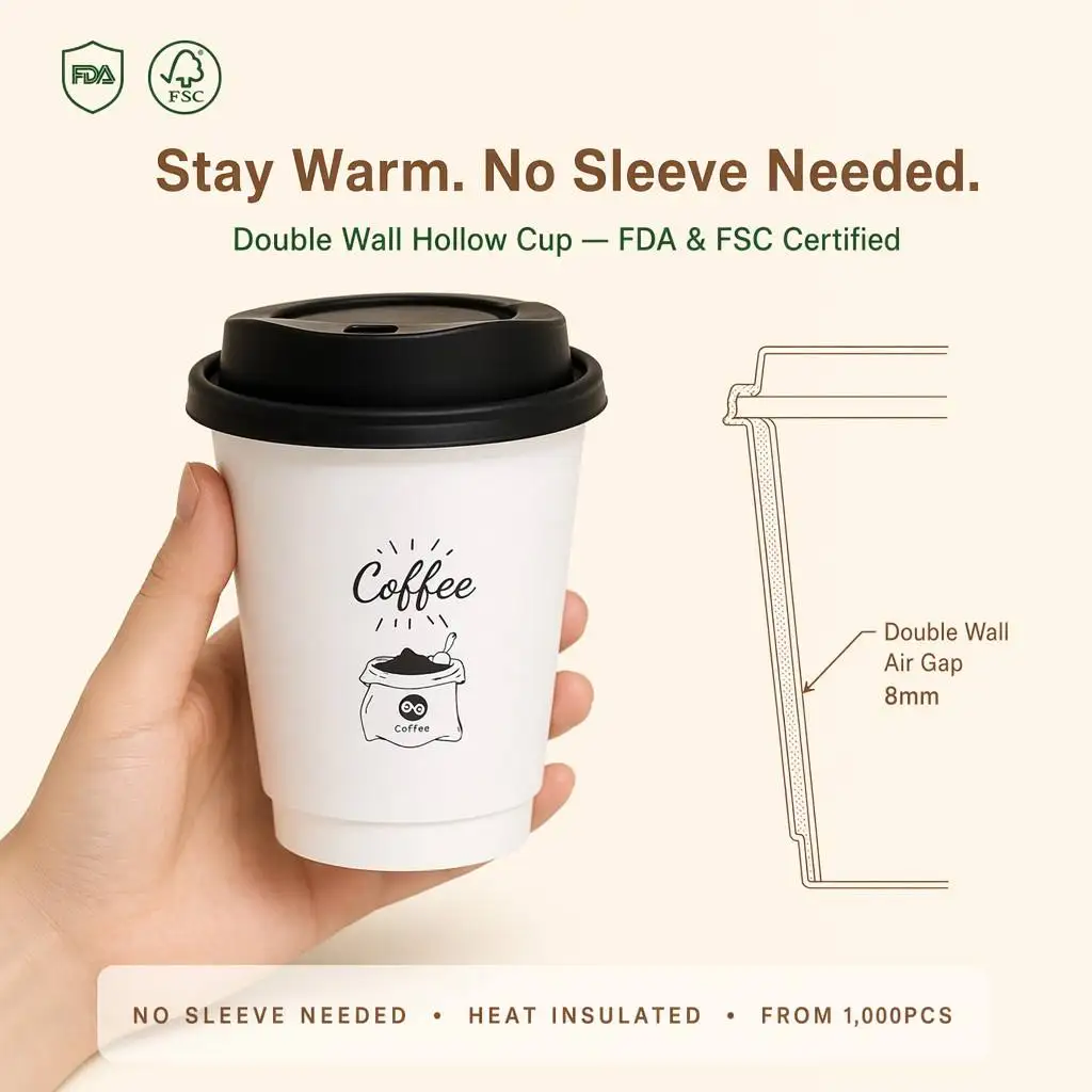 Custom Printed Double Wall Hollow Paper Coffee Cup 8oz 10oz 12oz 16oz Heat Insulated No Sleeve FDA C