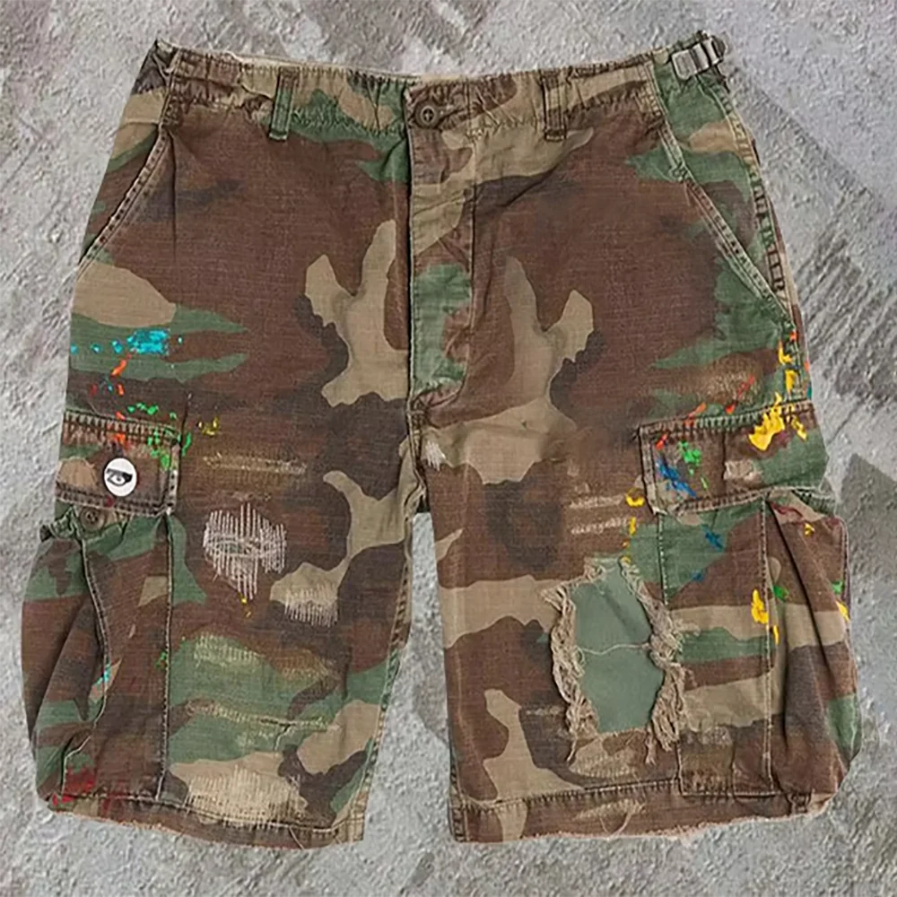XC Manufacturer Custom Logo Distressed Shorts Denim Camouflage Shorts Fashion Elastic Waist Denim Shorts Men