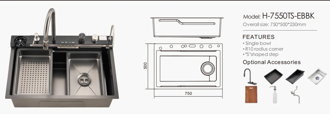 Two Waterfall &  Single-Bowl  Sink Handmade Stainless Steel Durable Scratch-Resistant Smart Kitchen Sink supplier