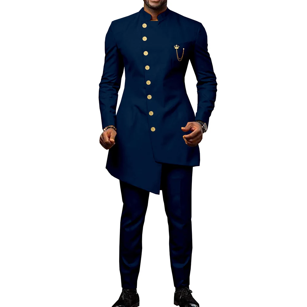 Stylish Stand Color Blue Men Suits Tuxedo Blazer Terno Hombre Elegant Long Jacket Pants aperçu 7