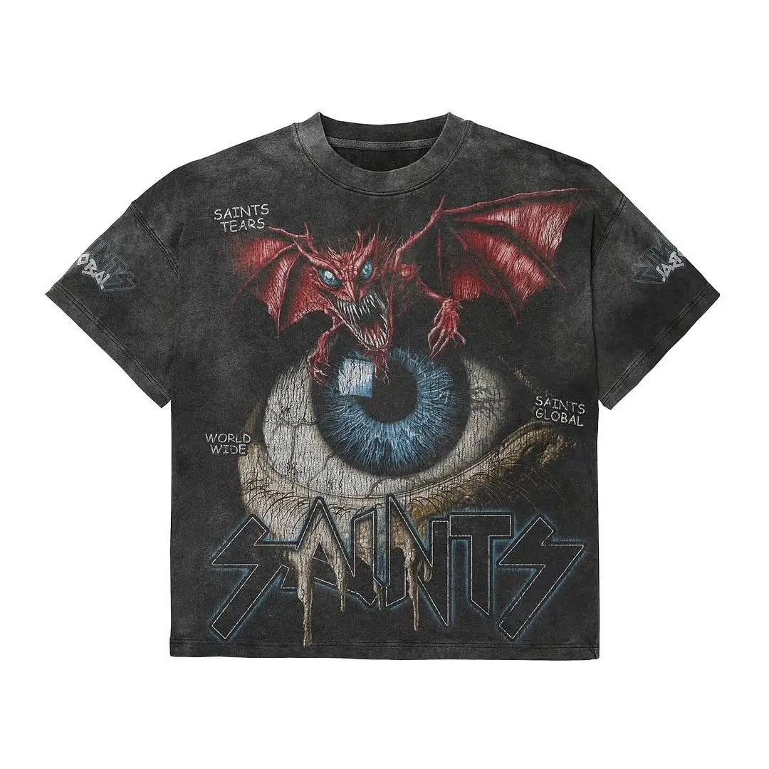 Tisknuté streetwearové trička z těžké látky (300 g/m²), 100 % bavlna, převelký čtvercový střih, digitální tisk motivů, kyselinově prané trička s motivy mangy