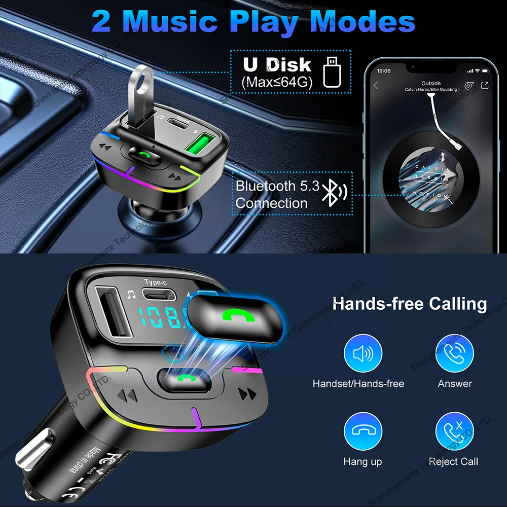 Simr Colorful Car Bluetooth MP3 Player Handsfree FM Transmitter