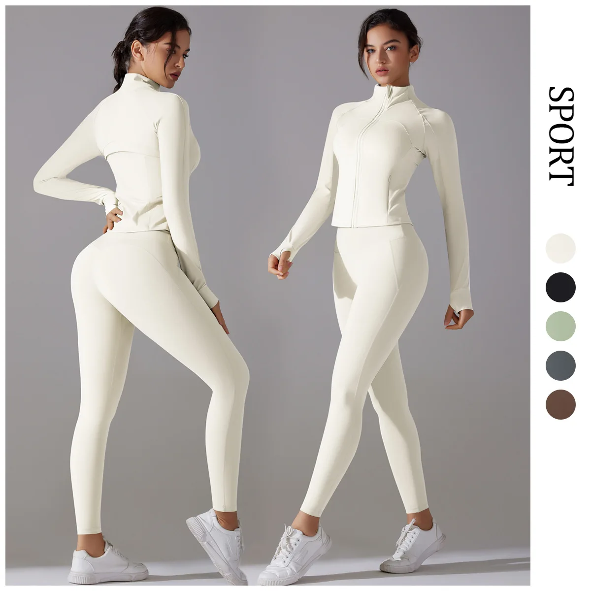 Stand Collar Zipper Long Sleeve Solid Breathable Yoga Wear High Waist Hip Lift Tight Pan preview