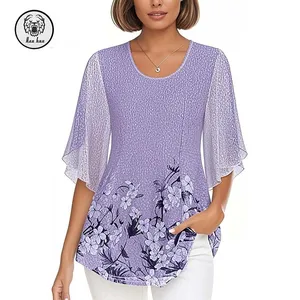 Women's Double-Layered 3/4 Sleeve Floral Printing Blouses Solid Mesh Tunic Shirts with Front Logo Dressy Casual One-Piece Tops