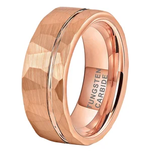 Coolstyle Jewelry 8mm Rose Gold Hammered Offset Line Tungsten Ring for Men Women Fashion Engagement Wedding Band Comfort Fit