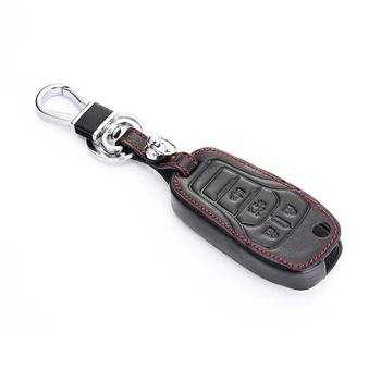 Leather Car Key Case For Ford Fusion 2013-2016 4 Buttons Folding Remote Fob Cover Keychain Holder Protector Bag Auto Accessories