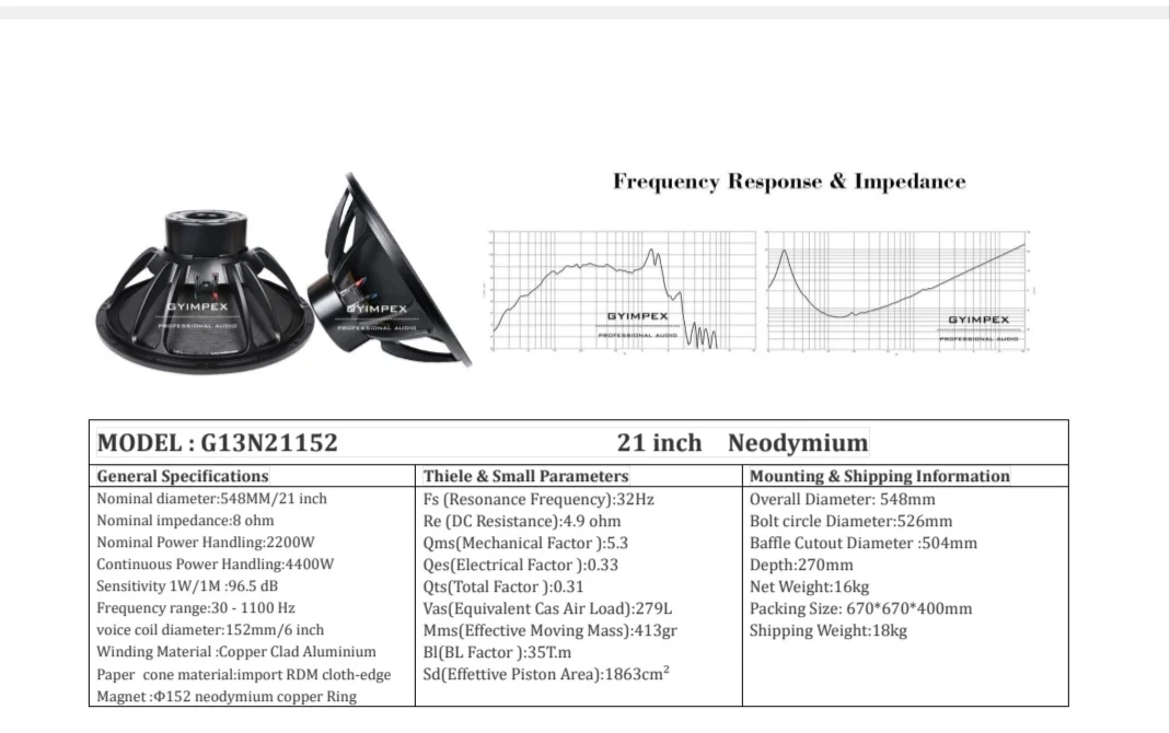 21 Inch Subwoofer High Power 4400W Inch Voice Coil Nominal Diameter 548mm  152 Neodymium Copper Ring China Professional Speaker